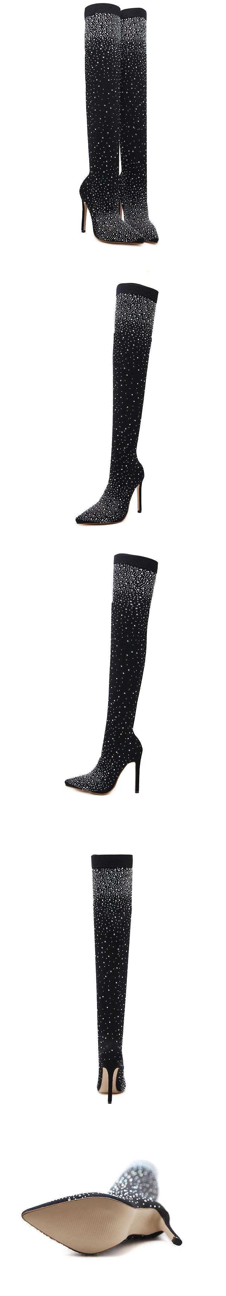 Design Crystal Rhinestone Stretch Fabric Sexy High Heels Sock Over-the-Knee Boots Pointed Toe Pole Dancing Women Shoes
