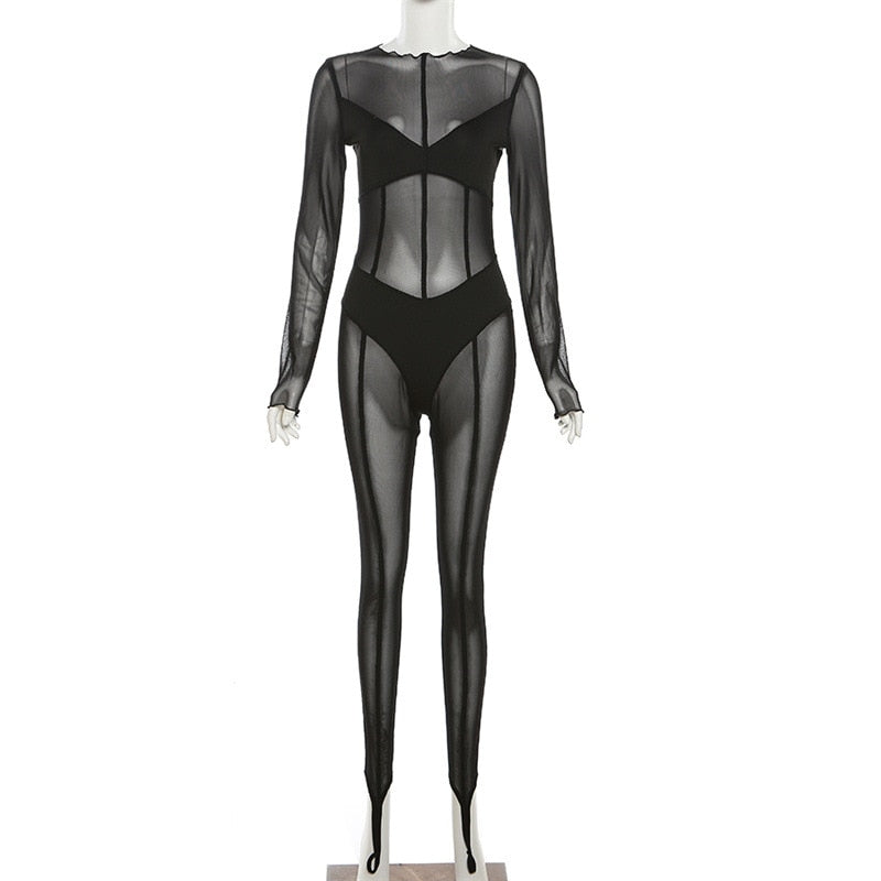 See Through Mesh Black Long Sleeve One Pieces Jumpsuits for Women 2023 Sexy Night Club Wear Baddie Outfits D87-DZ25