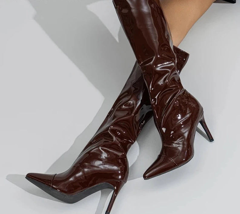2024 New Thigh High Boots Fashion Patent Leather Pointed Toe Zip Female Stiletto Heels Pleated Design Women's Shoes 42
