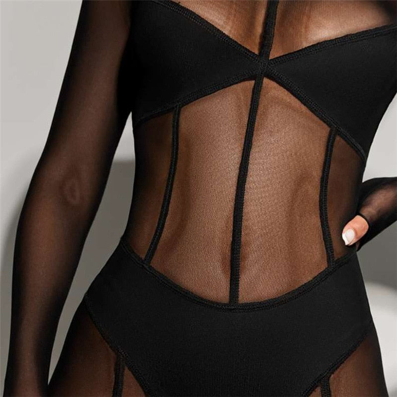See Through Mesh Black Long Sleeve One Pieces Jumpsuits for Women 2023 Sexy Night Club Wear Baddie Outfits D87-DZ25