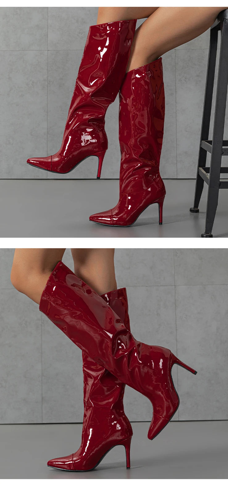 2024 New Thigh High Boots Fashion Patent Leather Pointed Toe Zip Female Stiletto Heels Pleated Design Women's Shoes 42
