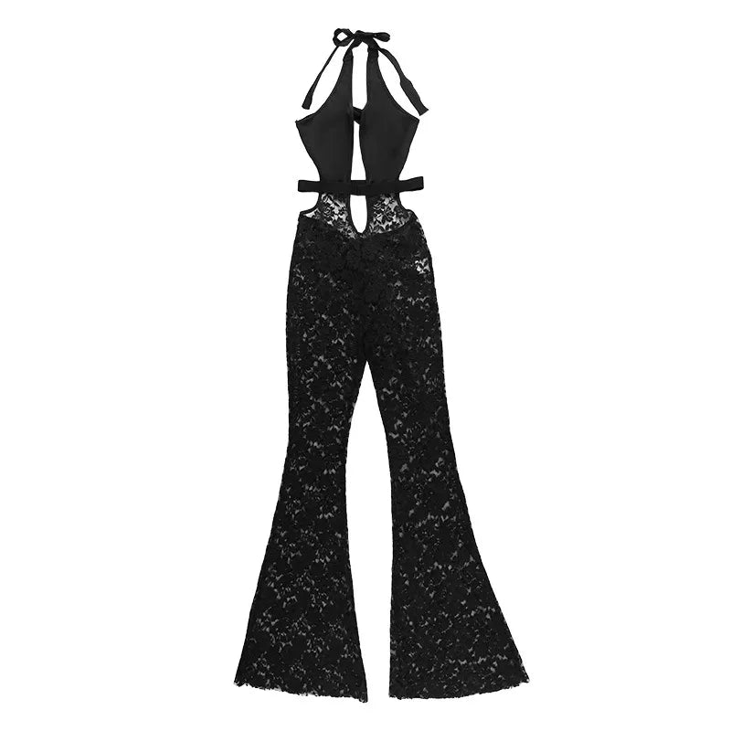 Halter Sexy Cut Out Lace Jumpsuits Rompers Fashion Outfits One Piece Backless Bodycon Jumpsuit Overalls Flare Pant