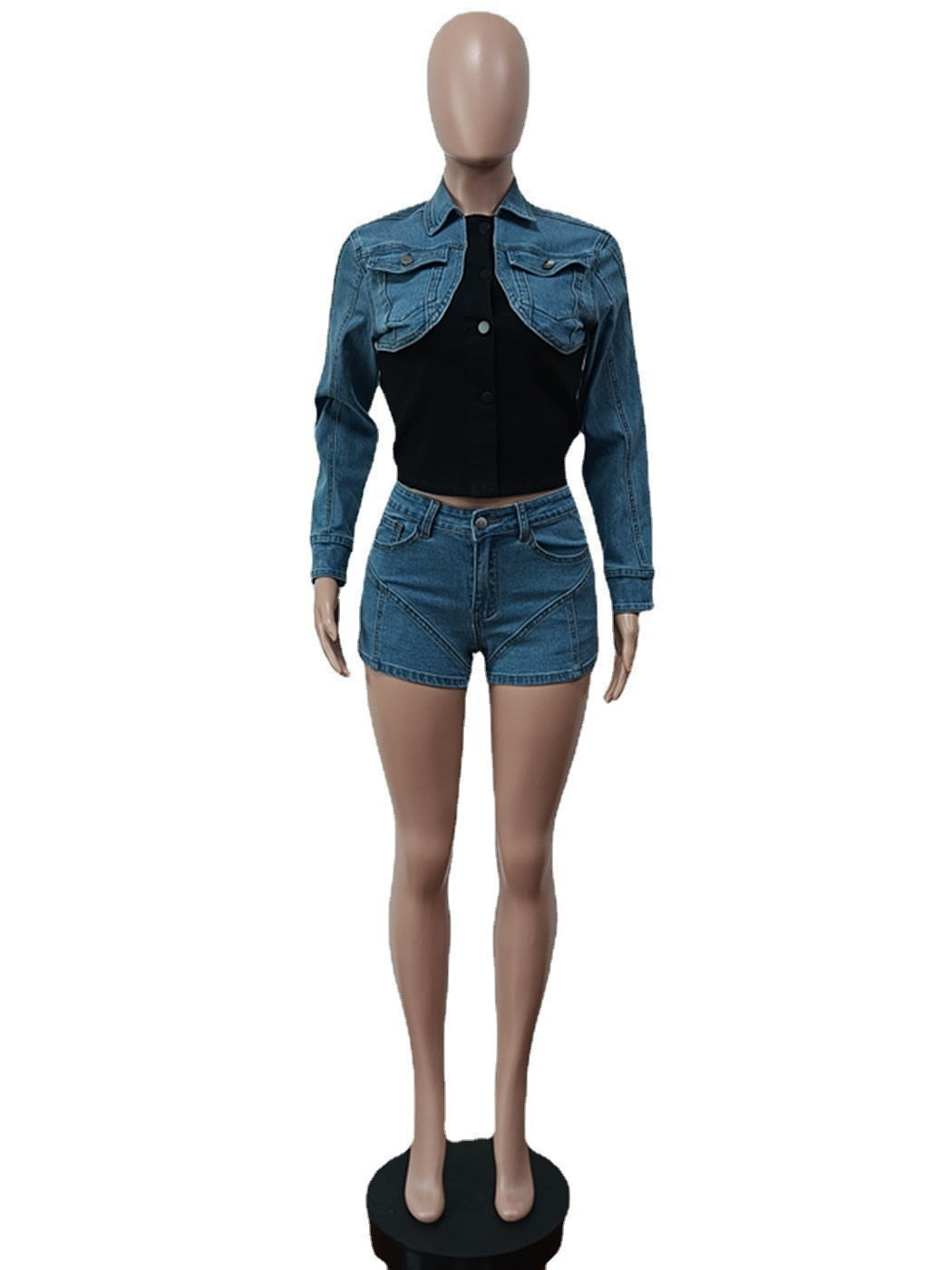 Street Fashion Casual Jean Two Piece Set Women Blue Denim Patchwork Cropped Jacket and Shorts Matching Sets