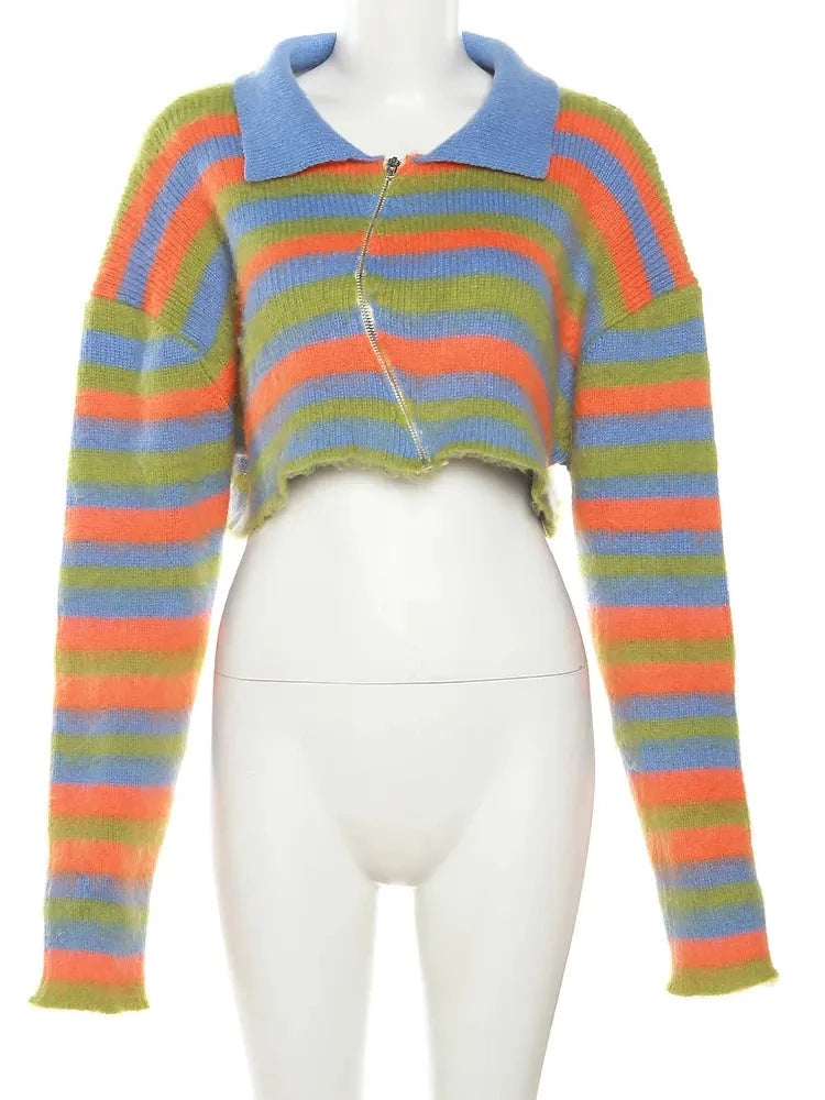 Autumn Women Short Casual Microfiber Sweater Girl Zip-up Bare Midriff Striped Cropped Jacket Lady High Street Cardigan