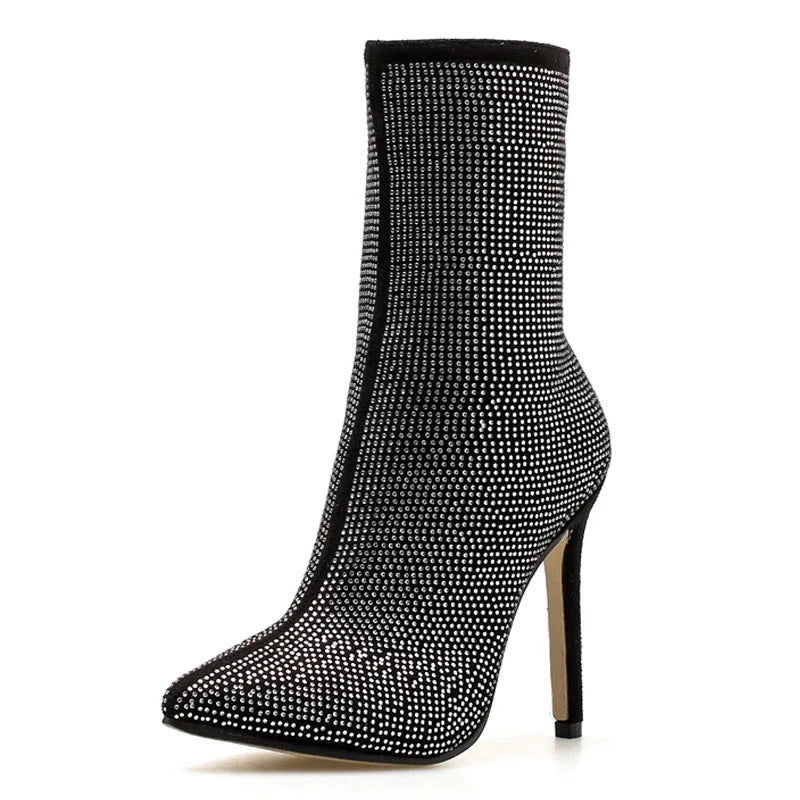 Crystal Rhinestones Woman Ankle Boots Zipper Pointed Toe High Heels Sexy Modern Booties For Females Shoes
