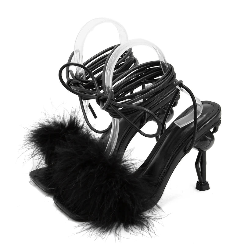 Fashion Fluffy Feather Sexy Ankle Strap Sandals Women Strange High Heels Square Toe Party Dress Shoes Pumps