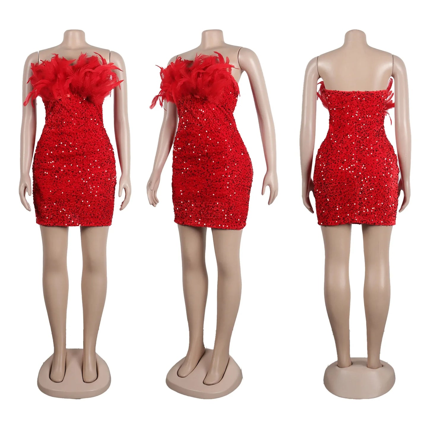 Feather Sequin Glitter Birthday Party Dresses Red Black Going Out Club Wear Sexy Bodycon Dress for Women 2023 D35-EI43
