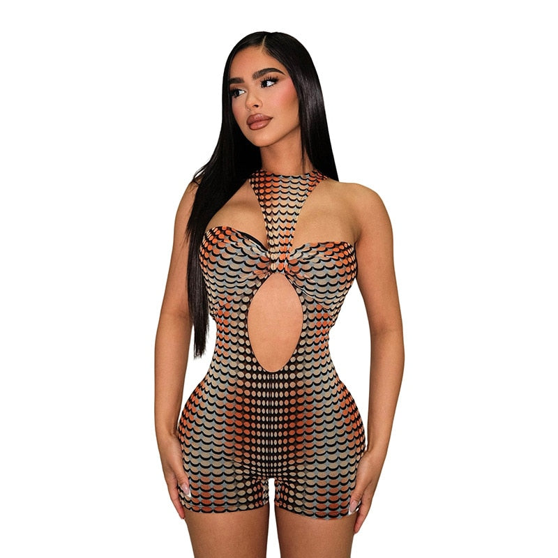 Fashion 3d Print Cut Out Bodycon Rompers Sexy Club Wear Women Summer Clothes Halter Shorts Jumpsuits Woman D87-BD17