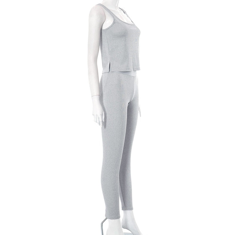 Grey Rib Knit Casual 2 Piece Pant Sets Women Outfit Tracksuit Active Wear Crop Top Leggings Comfy Lounge Wear D85-CI26