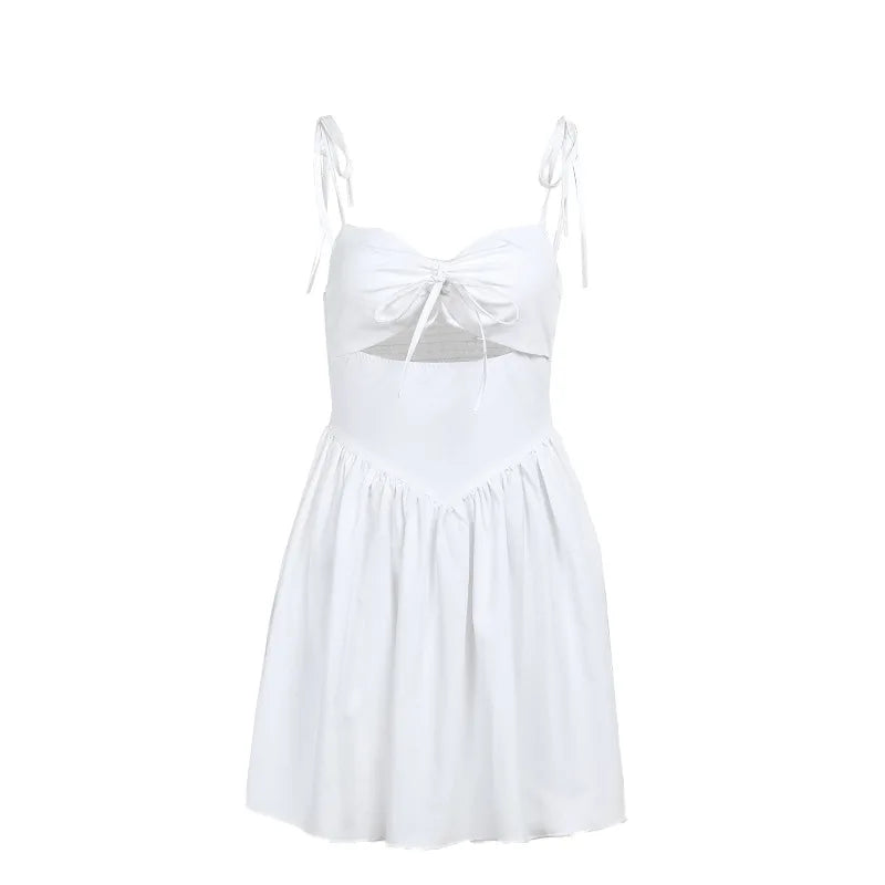 ANJAMANOR Drawstring Hollow Spaghetti Strap A Line Short Dresses for Women Clothes White Summer Sun Dress Resort Wear D66-CA20
