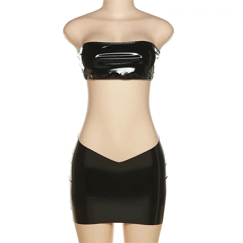 PU Faux Leather Black Sexy 2 Piece Crop Tops and Micro Mini Skirt Sets Streetwear Women Clubbing Outfits D87-BF14