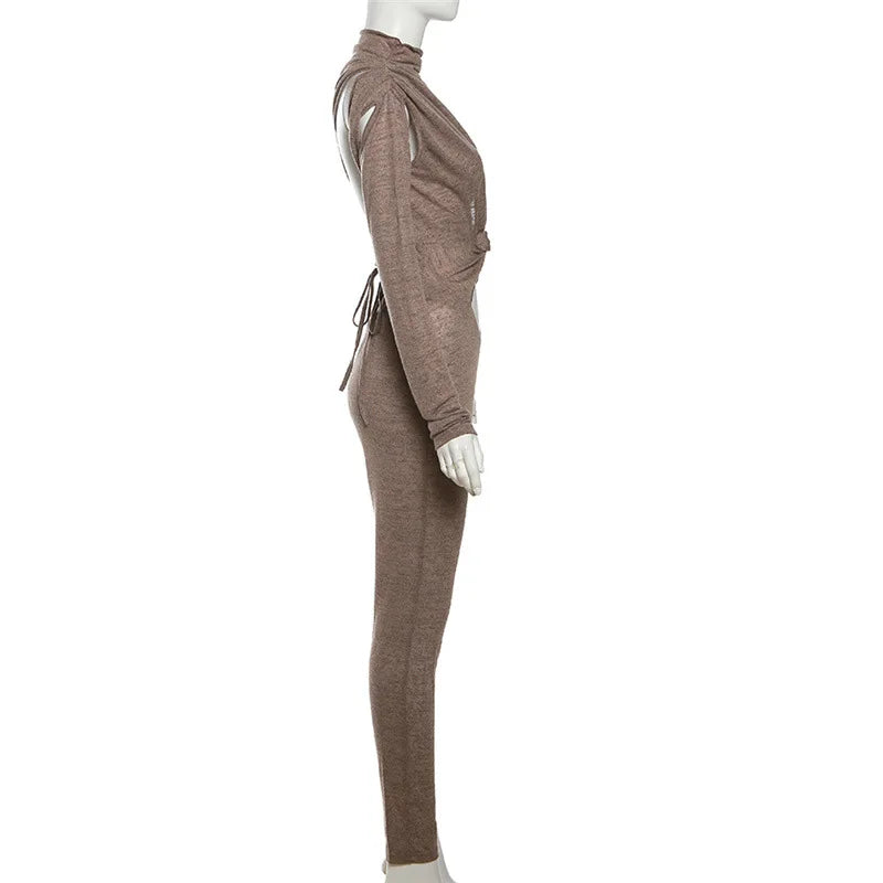 Asymmetric Hollow Out Twist One Pieces Jumpsuit Women Long Sleeve Casual Jumpsuit Female Clothes Fall Outfits D87-EZ34