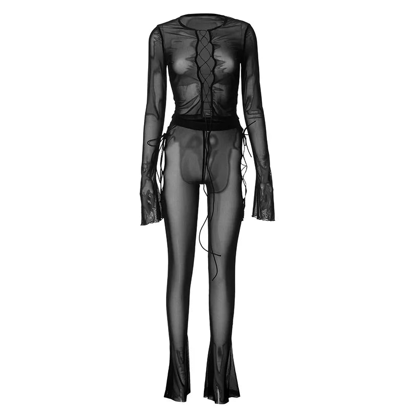 See Through Mesh Black Long Sleeve 2 Piece Set Cut Out Lace Up Flare Pant Sets Sexy Outfits for Women Clubwear