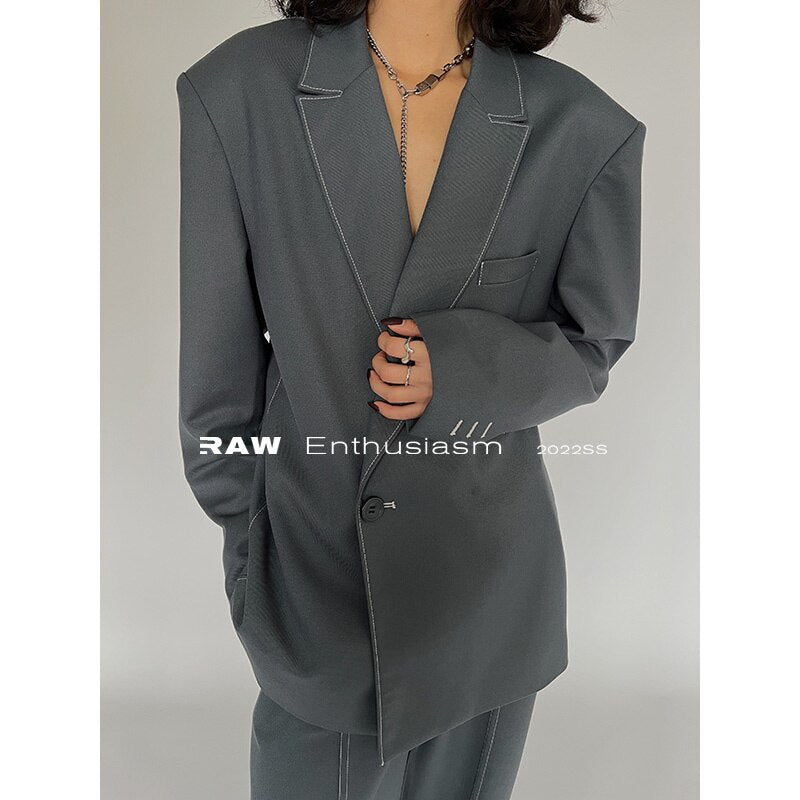 Fashion Women's Notched Collar Loose Single Button Open Line Blazer Grey Loose Wide Leg Suit Pants Autumn 2023 New 17A6715