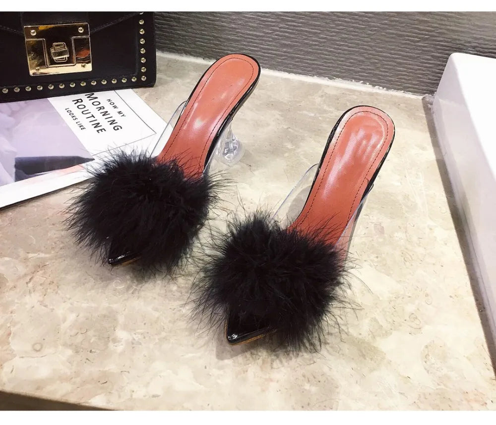 2024 Summer PVC Transparent Sandal Feather High Heels Fur Slippers Woman Peep Toe Mules Lady Pumps Slides Shoes 35-42