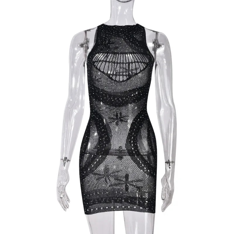 Rhinestone Mesh Black Dresses for Women Summer Clothes 2024 See Through Sleeveless Mini Dress Sexy Clubwear D82-AE10