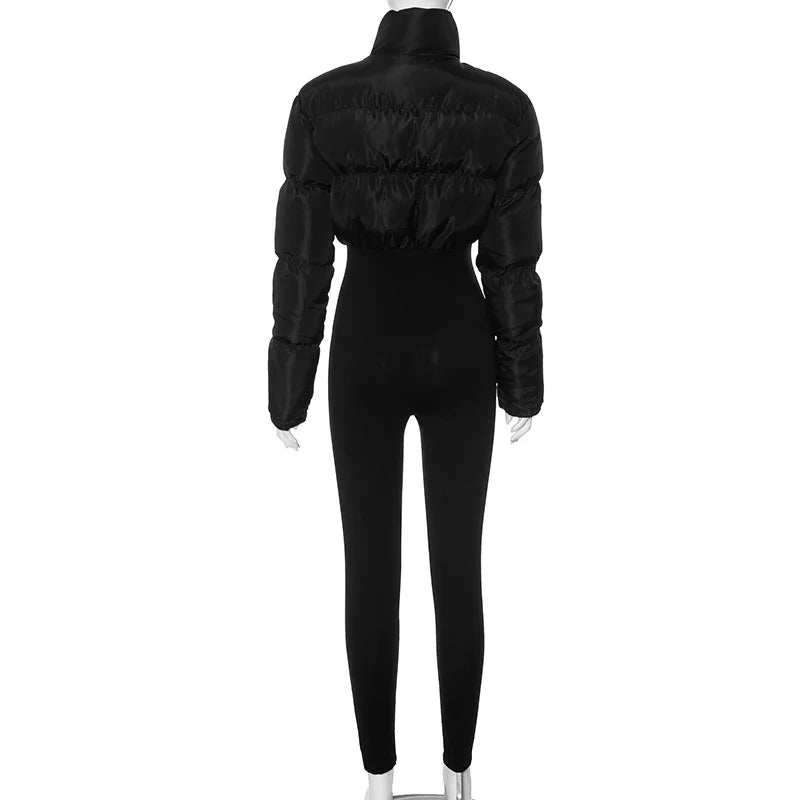 Zipper Puffer Jacket One Pieces Jumpsuit All Black Outfits for Women Baddie Streetwear Winter Clothes
