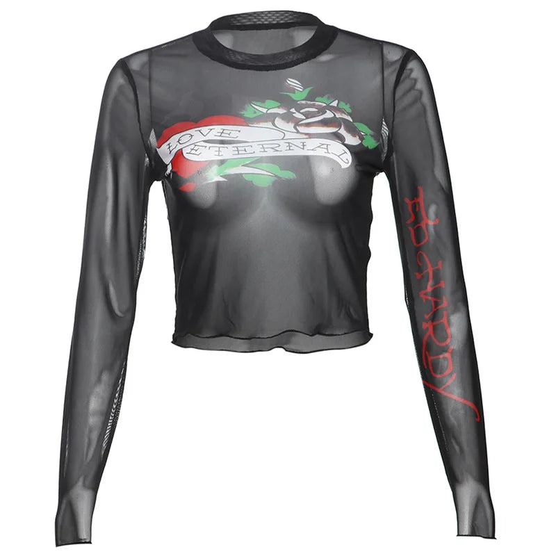 Black Graphic Tees See Through Mesh Print Shirts & Blouses Long Sleeve Crop Tops for Women Clothes 2024 D96-BZ10