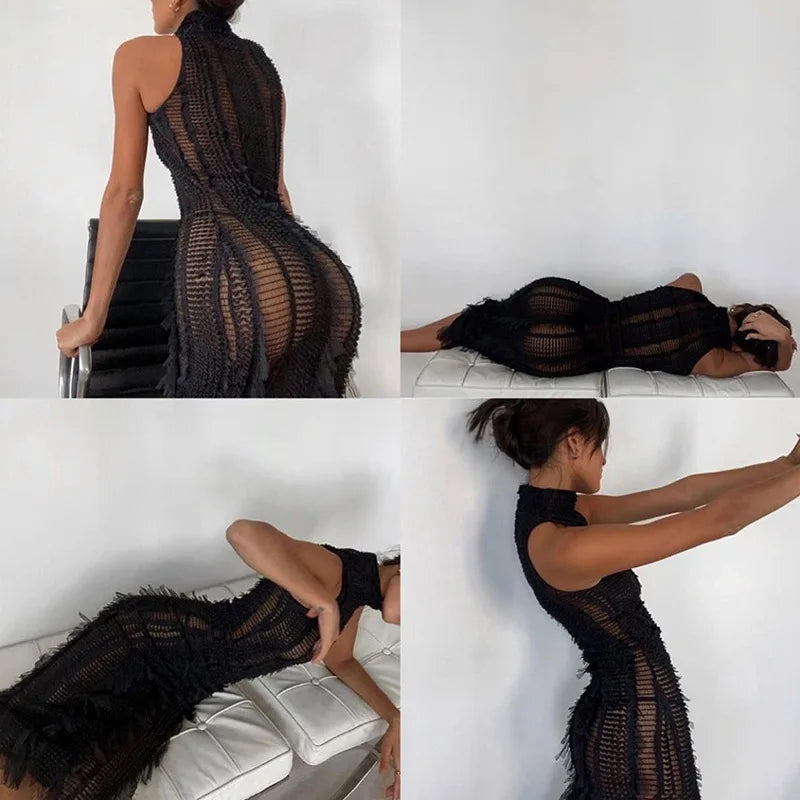 Tassel See-through Mesh Bodycon Dress White Sexy Outfit Women Club Outfits Summer Sleeveless Long Dresses D96-EC39