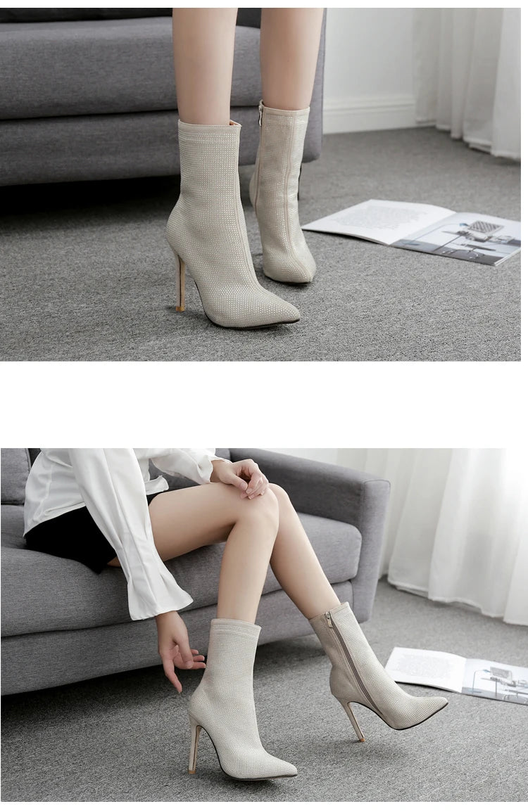 Crystal Rhinestones Woman Ankle Boots Zipper Pointed Toe High Heels Sexy Modern Booties For Females Shoes