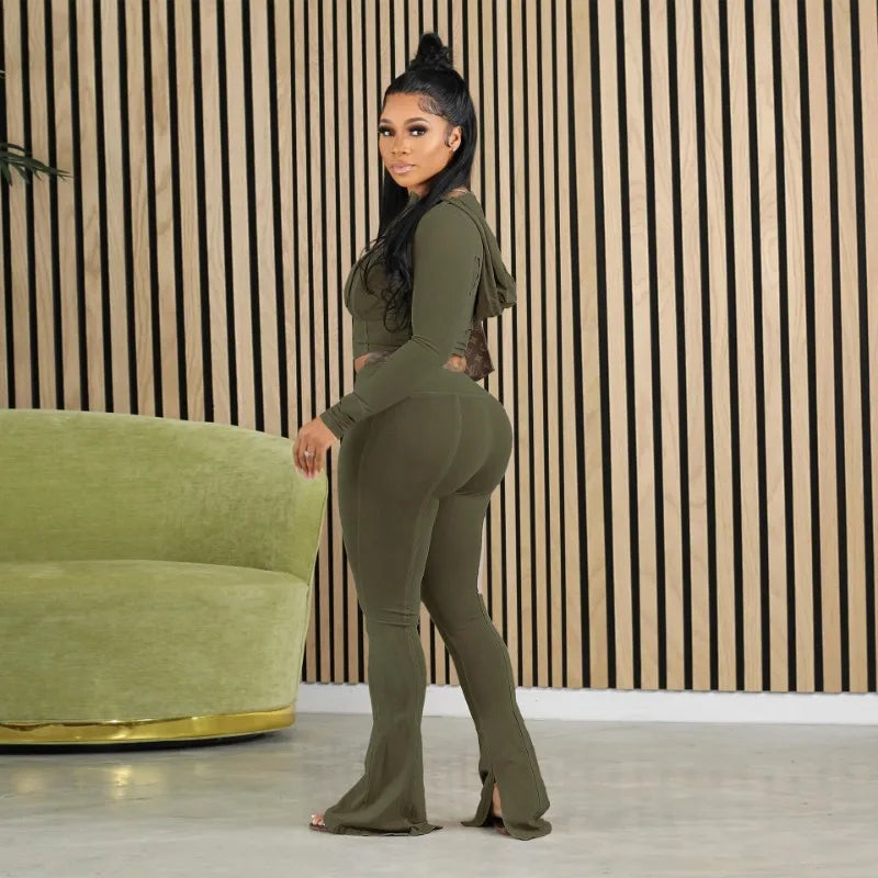 Tracksuit Baddie 2 Piece Sets Women Fall Winter Outfits Casual Zip Up Hoodie Top and Slit Flare Pants Sets