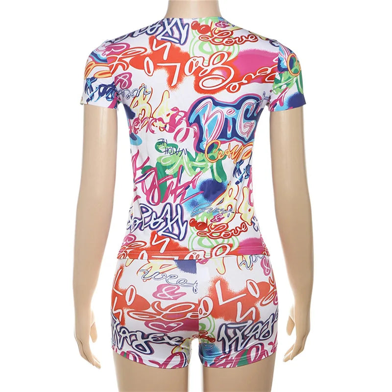 Women's Short Set Graffiti Print Graphic T Shirt and Shorts 2 Piece Sets Casual Summer Clothes Women 2024 D87-BE21
