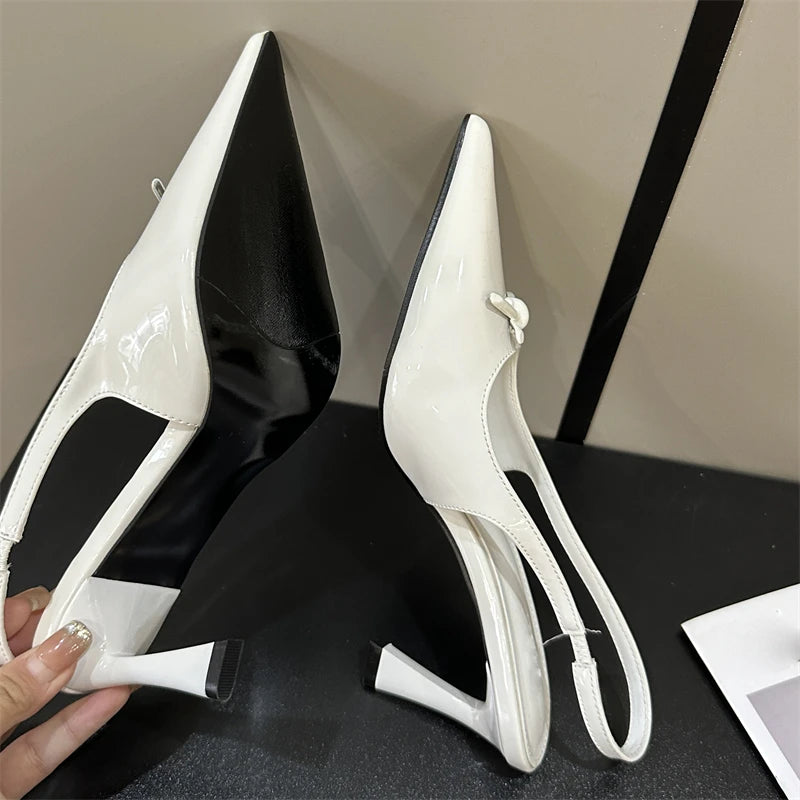 Fashion patent leather Pointed bowknot Decoration New Women's Sandals 2024 Summer Slingback High Heels Shoes Pumps Mules