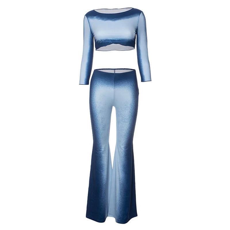 Gradient Blue Printed Two Piece Set for Women Comfy Cute Outfits Flare Pants and Crop Top Matching Sets