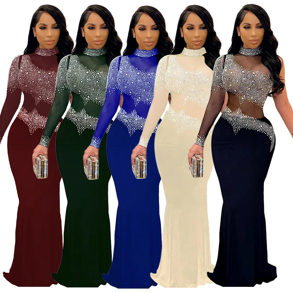 Sexy Elegent Evening Dressss for Women Party Prom Stage Outfit Crystal Mesh Bodycon Maxi Dress