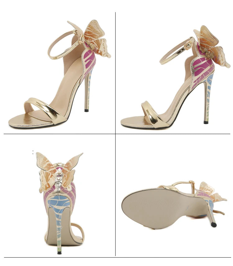 Summer Sexy Dimensional Butterfly Designer Gold High Heels Wedding Banquet Shoe Fashion Open Toe Sandals Party Women