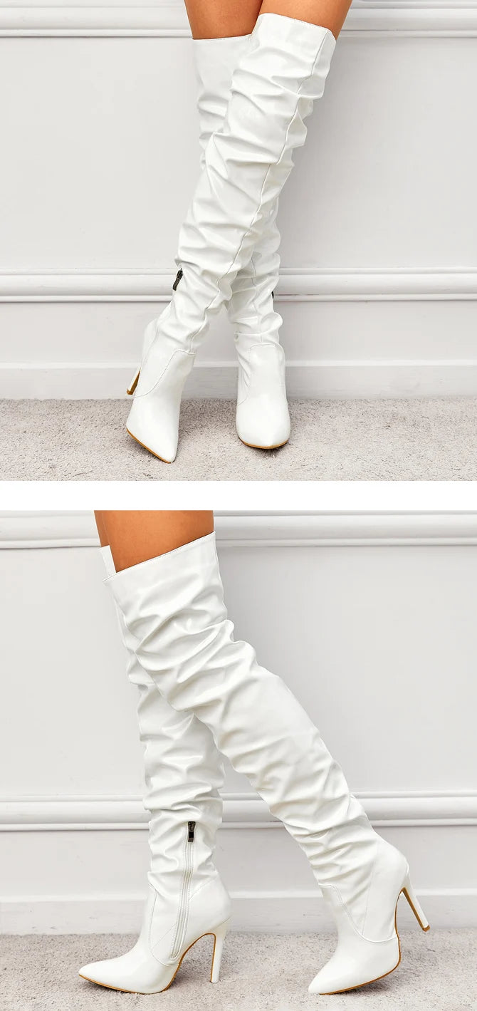 Patent Leather Over The Knee Chelsea Boots Women Shoes Heels Fashion Solid Sexy Thin High Heel Side Zippers Boots Female