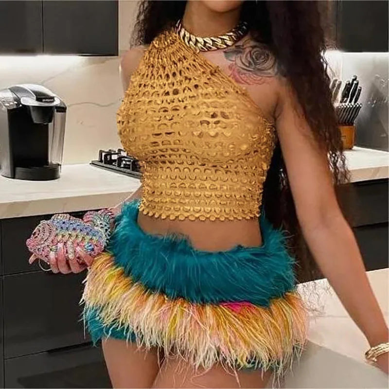 Metallic Gold Asymmetrical Tops Sexy Going Out One Shoulder Backless Hollow Crop Top Summer Clothes Women 2024 D78AG10