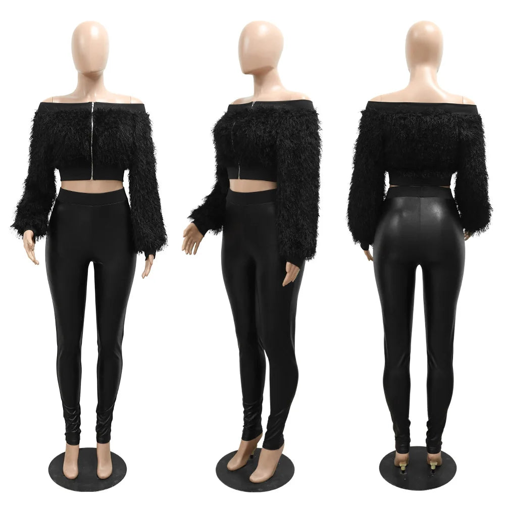 Sexy 2 Piece Pants Set for Women Clothes Fashion 2024 Slash Neck Fluffy Top and Leggings Matching Outfits