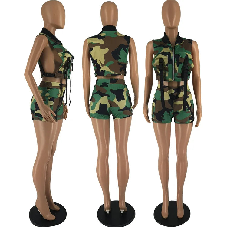 Summer Fashion Camouflage Print 2 Two Piece Sets Casual Party for Womens Outfits Bodycon Crop Tops Shorts Sets