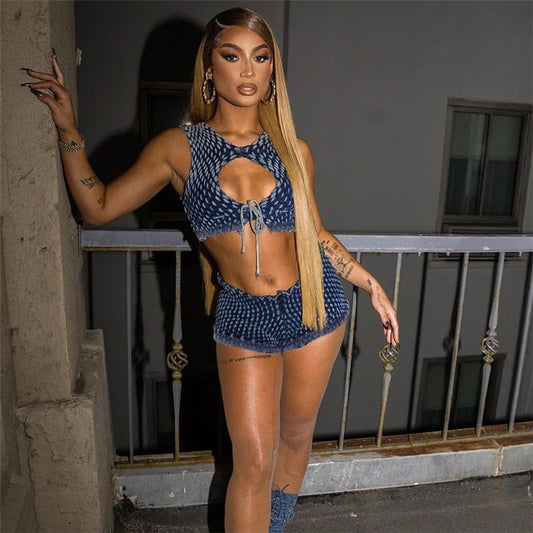 Baddie 2 Piece Sets Outfits Blue Knit Backless Sleeveless Crop Top Booty Shorts Summer Clothes Women 2024 D87-GH17