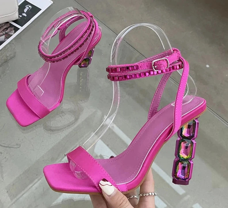 Sexy Sparkly Stacked Crystal Heel Sandals Woman Summer 2024 Thin Embellished Ankle Straps High Heel Shoe for Women Pumps