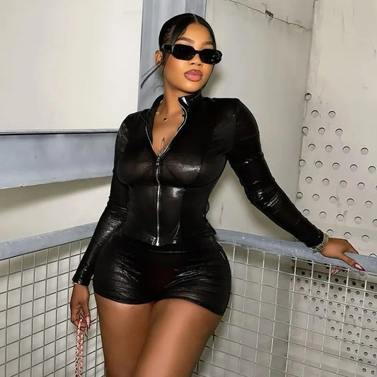 All Black Short Set Women Two Piece Set Zip Up Long Sleeve Top and Shorts Sexy Clubwear Baddie Outfit