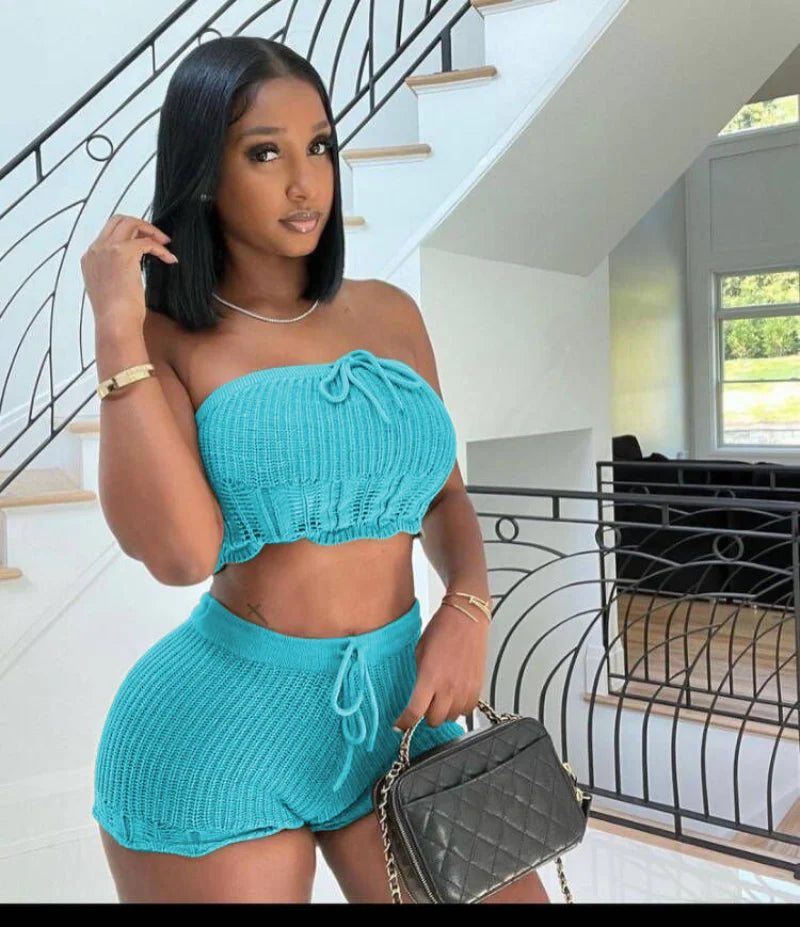 Casual Knitted 2 Piece Set Women Outfit Summer Clothes  Fashion Tube Top and Shorts New In Matching Sets