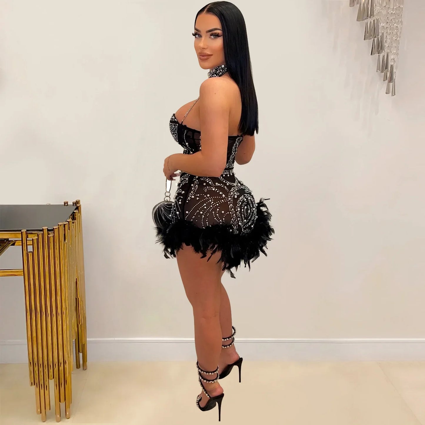 Feathered Rhinestone Mesh See Through Rompers One Piece Sexy Birthday Outfit for Woman 2023 Black Jumpsuit D42-HE23