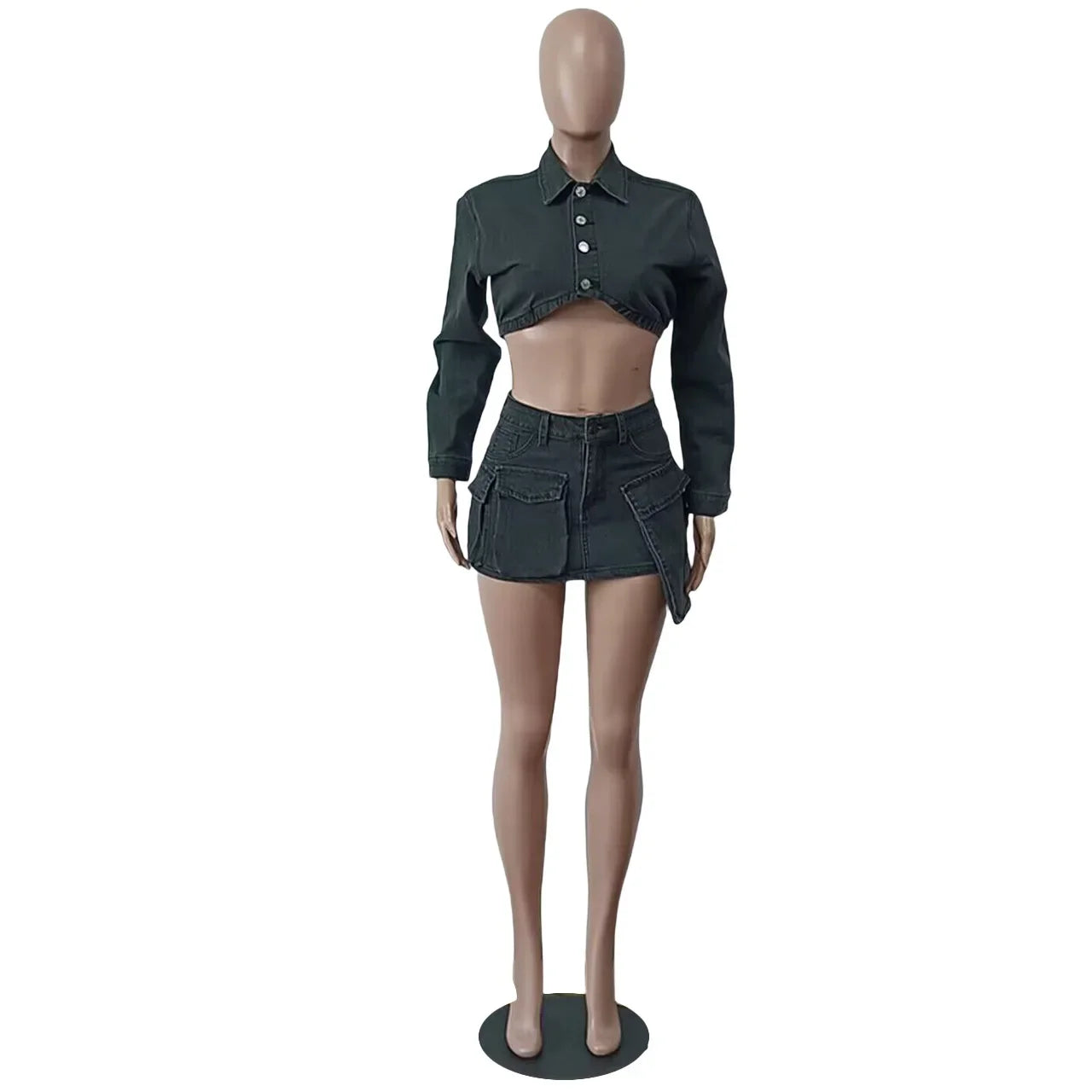 Black Jean 2 Piece Set Denim Cropped Jacket and Irregular Cargo Mini Skirt Streetwear Baddie Outfits Fall 2023 D73GH68