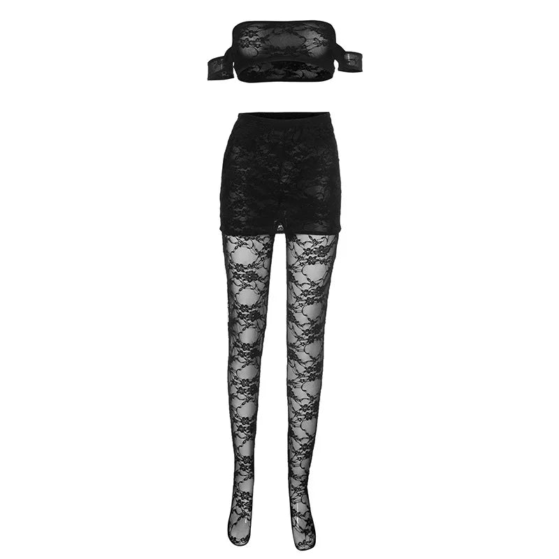 See Through Black Lace Sexy 2 Pieces Set Crop Top and Leggings Night Club Outfits Summer Clothes Women 2024 D85-DI20