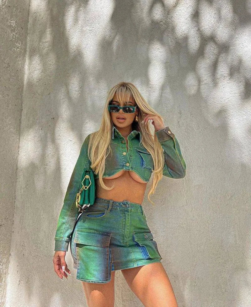 Chic Green Jean Outfits for Women Two Piece Set Cropped Denim Jacket and Cargo Mini Skirt Sets Streetwear