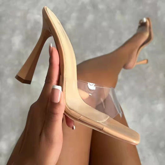 NEW 2024 Summer Transparent PVC High-heeled Sandals Concise Women Mules Square Toe Pumps Shoes Thin Heels Sandal 35-42