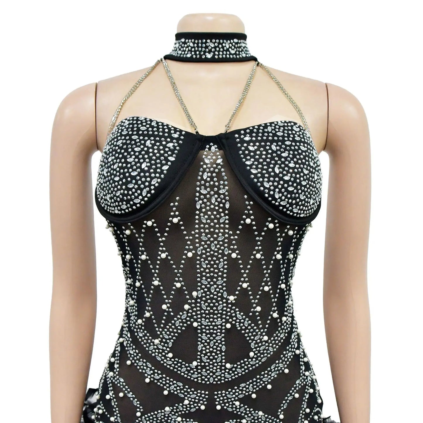 Feathered Rhinestone Mesh See Through Rompers One Piece Sexy Birthday Outfit for Woman 2023 Black Jumpsuit D42-HE23