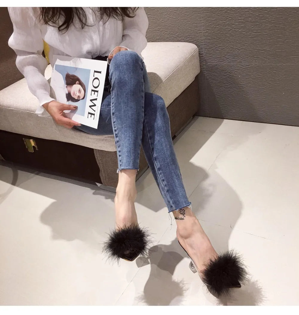 2024 Summer PVC Transparent Sandal Feather High Heels Fur Slippers Woman Peep Toe Mules Lady Pumps Slides Shoes 35-42