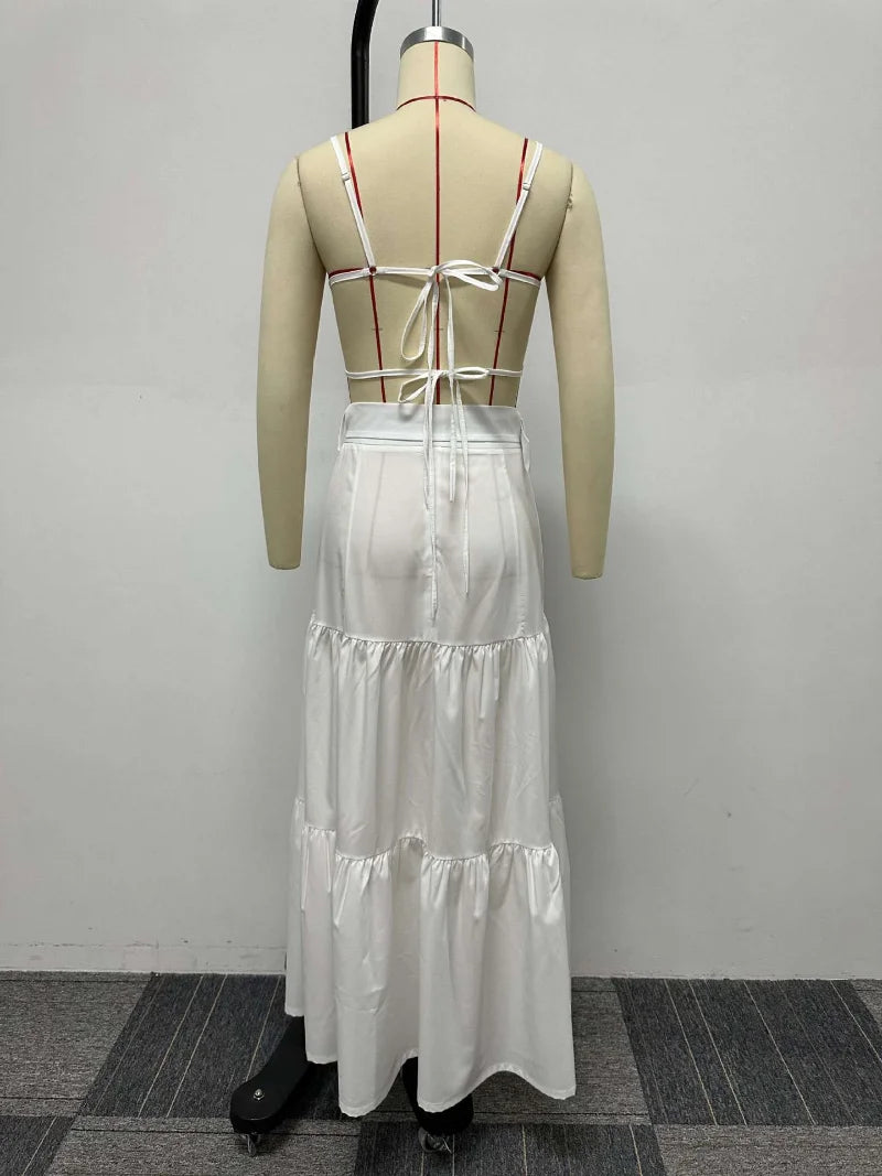 Sexy Two Piece Set Ruched Panelled Maxi Skirt and Flower Top All White Beach Vacation Outfits for Women 2024