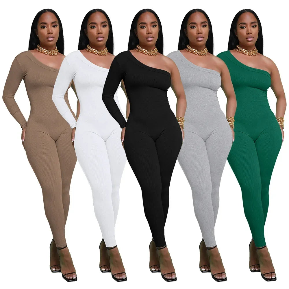 Ribbed One Piece Jumpsuit Women Fall Winter Outfits Casual Athletic One Shoulder Long Sleeve Bodycon Jumpsuits
