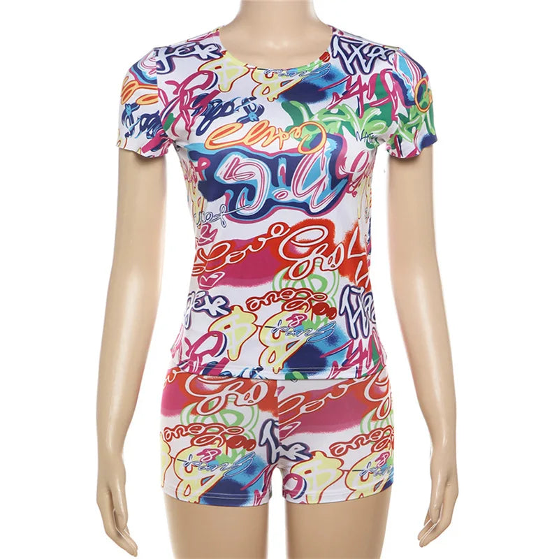 Women's Short Set Graffiti Print Graphic T Shirt and Shorts 2 Piece Sets Casual Summer Clothes Women 2024 D87-BE21