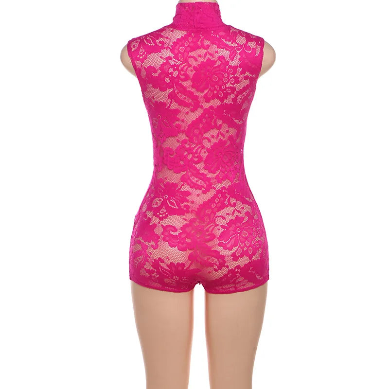 Hot Pink Lace Mesh Sheer Jumpsuit Women One Pieces Sexy Lingerie Outfit Clubwear Sleeveless Romper Summer 2024 D96BB11