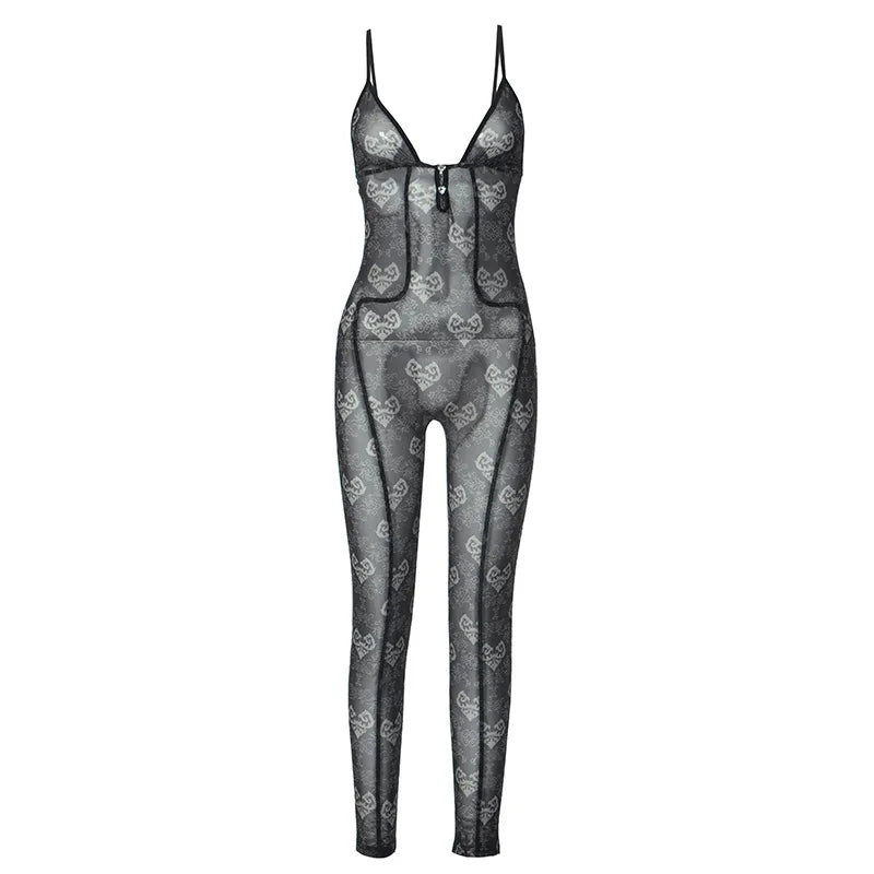 Black Print Mesh Jumpsuit Women Sexys Nightclub Outfits 2024 See Through Deep V Backless One Piece Jumpsuits
